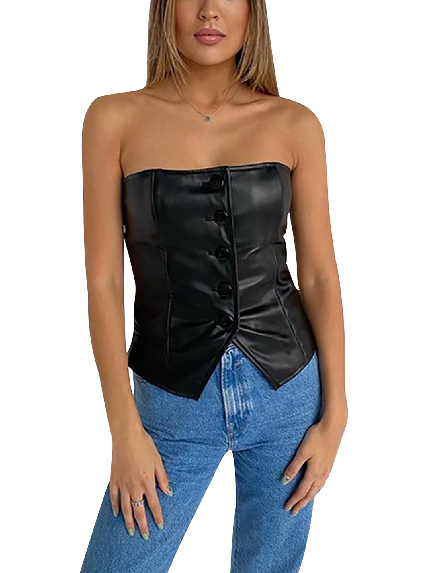Yinyinxull Women's Corset Tops Strapless Solid Button Down Vest PU
