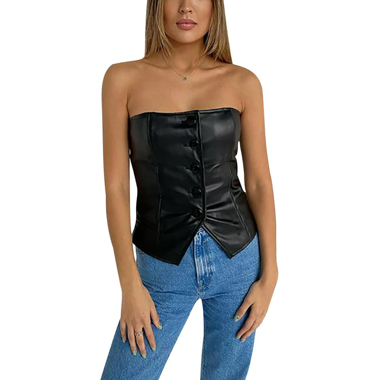 Yinyinxull Women's Corset Tops Strapless Solid Button Down Vest PU Faux  Leather Bustier Tank Tops Clubwear Black L 