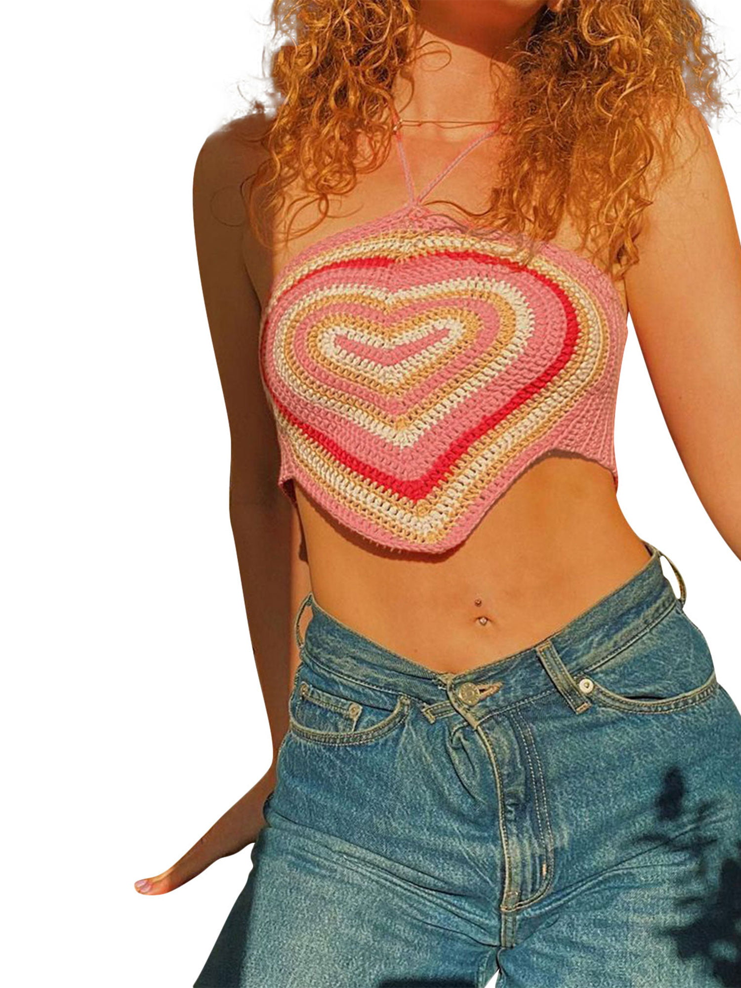 Yinyinxull Women's Halter Crop Tops Y2K Aesthetics Tank Tops Heart Print  Crochet Camisole Rose Red L
