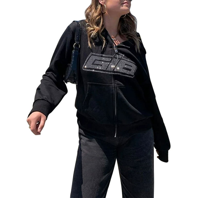Yinyinxull Women's Zip Up Sweatshirt Cross Rhinestone Jackets Y2K Long  Sleeve Printed Hoodies Streetwear Black-A XL