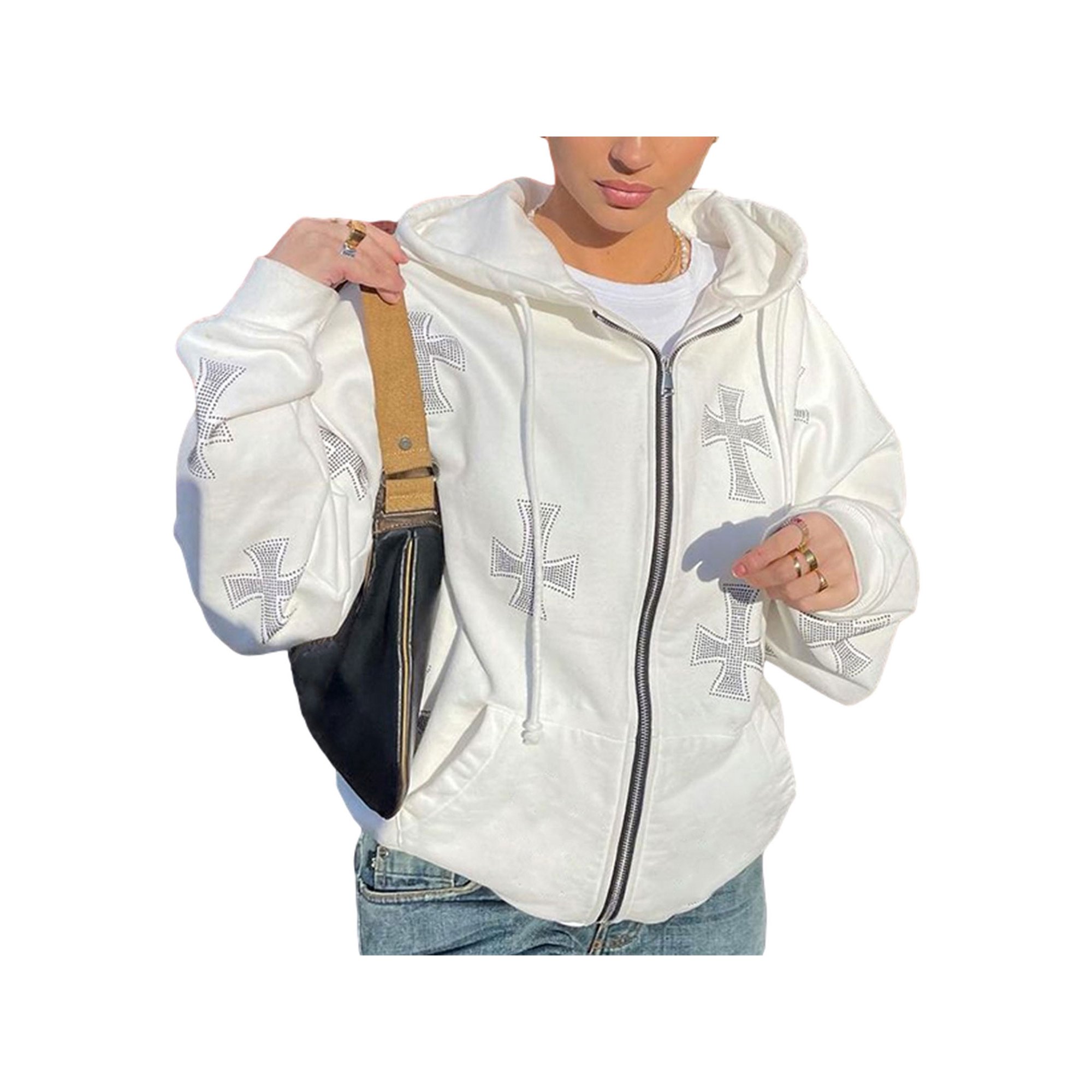 Yinyinxull Women's Zip Up Sweatshirt Cross Rhinestone Jackets Y2K Long  Sleeve Printed Hoodies Streetwear White-B M - Walmart.com
