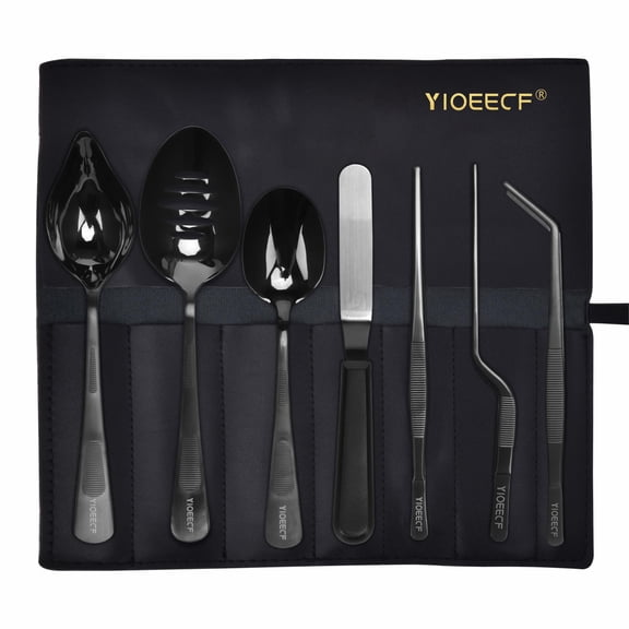 Yioeecf Chef Plating Tools Culinary Set, Plating Tools Tweezers Scoop Set, Professional Chef Stainless Steel Plating Set, 7-Piece Black,Leather Bag Y101