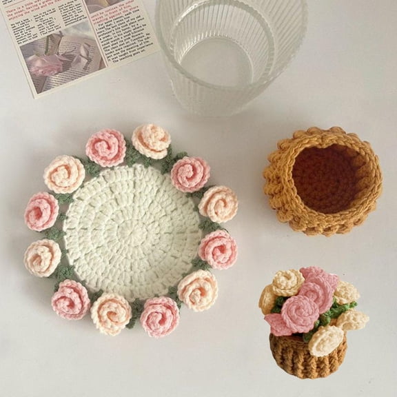 Yiokii Crochet Flower Blanket Coasters, DIY Handmade Vintage Crochet Rose Flower Bouquet-Material Pack, Soft Rose Flower Bouquet Knitted Decorative Coasters Gifts for Mothers Day Birthday Home Decor
