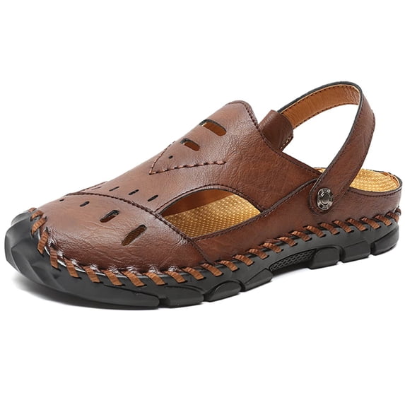 Yiomxhi Men's Leather Closed Toe Sandals, Adjustable Slingback Casual Outdoor Walking Shoes, Breathable Summer Fisherman Sandals with Handmade Woven Stitching & Non-Slip Rubber Sole