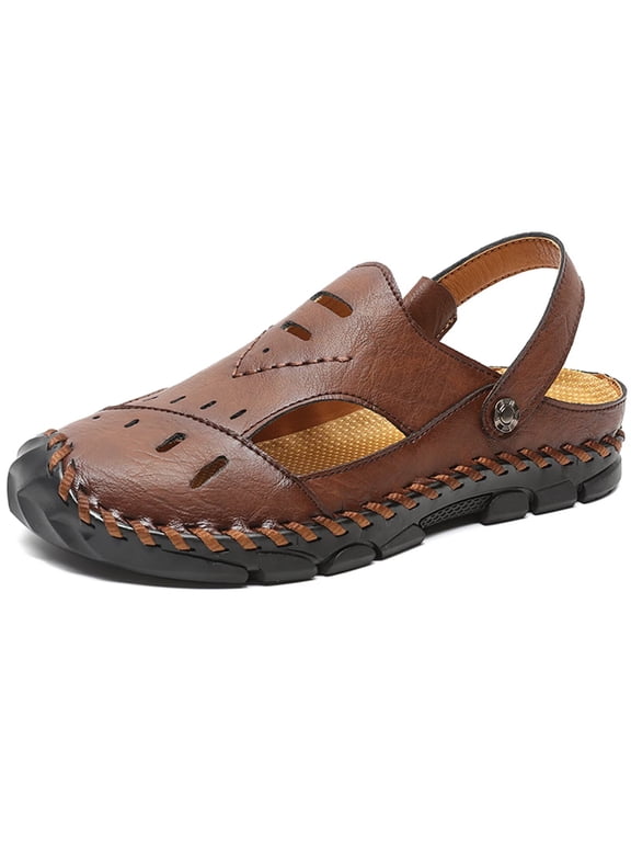 Men's Leather Closed Toe Sandals, Adjustable Slingback Casual Outdoor Walking Shoes, Breathable Summer Fisherman Sandals with Handmade Woven Stitching & Non-Slip Rubber Sole