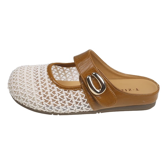 Yiomxhi Women's Breathable Mesh Mary Jane Mules - Comfortable Slip-On Flats with Metal Buckle, Casual Round Toe Walking Shoes for Summer