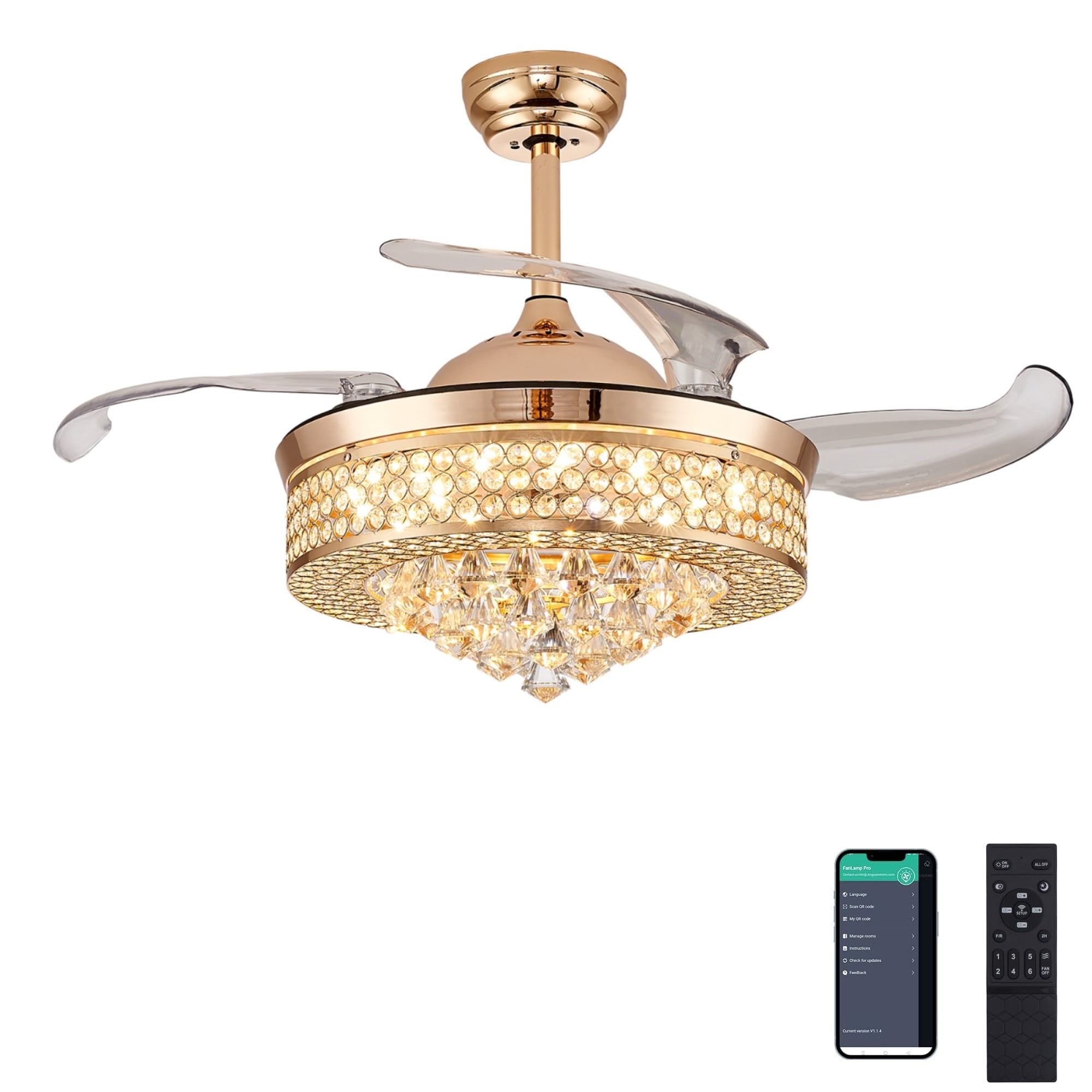 Yiosi 42'' Modern Crystal Ceiling Fans for Living Room, Retractable