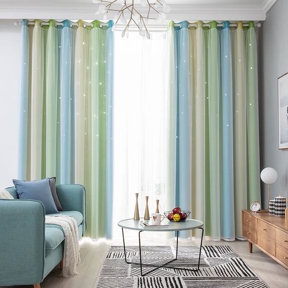 Yipa 2 Set Star Double Layer Blackout Curtain,Room Darkening Curtain For Bedroom,Thermal Insulated Curtain Panel For Living Room,Grommet Eyelet Ring Top Window Drapes,Kids Girls Room Window Treatments