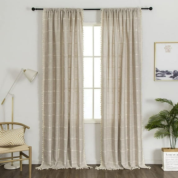 Yipa Boho Vintage Window Curtain Rod Pocket Tassels Curtains Panel Kitchen Retro Drapes Light Filtering Bedroom Living Room 1#Coffee W:52"x H:18"/132cm*45cm