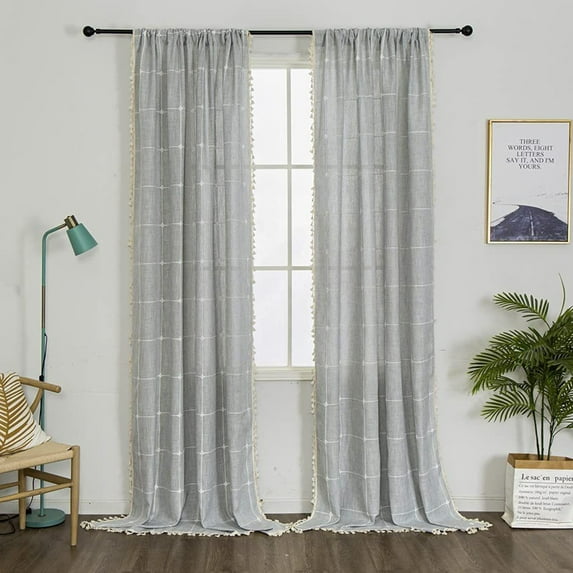 Yipa Boho Vintage Window Curtain Rod Pocket Tassels Curtains Panel Kitchen Retro Drapes Light Filtering Bedroom Living Room 1#Gray W:54"x H:84"/  137cm*214cm