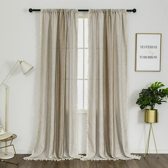 Yipa Boho Vintage Window Curtain Rod Pocket Tassels Curtains Panel Kitchen Retro Drapes Light Filtering Bedroom Living Room 2#Coffee W:54"x H:63"/137cm*160cm