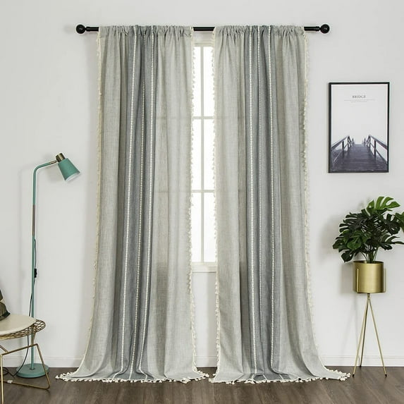 Yipa Boho Vintage Window Curtain Rod Pocket Tassels Curtains Panel Kitchen Retro Drapes Light Filtering Bedroom Living Room 2#Gray W:52"x H:18"/132cm*45cm