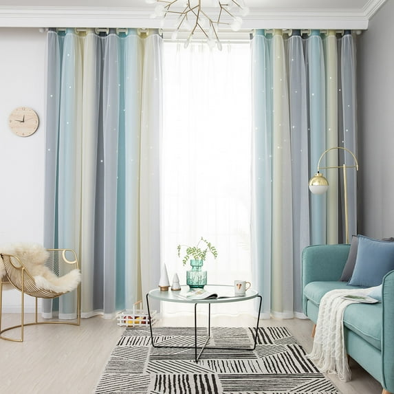 Yipa Kids Girls Room Blackout Curtain,Rainbow Star Double Layers Window Curtain For Living Room,Room Darkening Curtain For Bedroom,Thermal Insulated Grommet Curtain Panel,Eyelet Ring Top Window Drapes