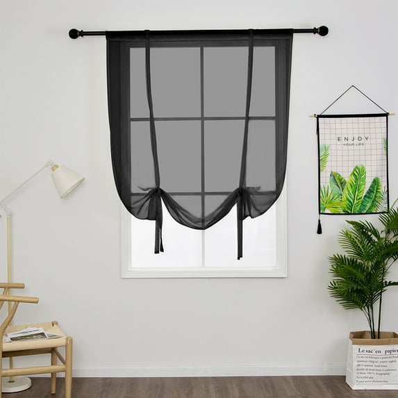 Yipa Rod Pocket Window Drapes,Slot Top Curtain Panel,Sheer Kitchen Valance,Voile Cafe Scarf,Tie Up Roman Shades Window Curtains,Adjustable Window Treatment Black 55" Width x55" Length 2-Panel