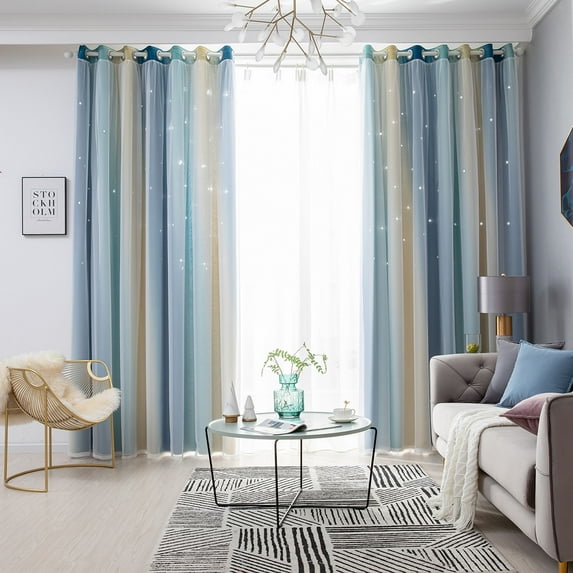 Yipa Room Darkening Blackout Curtain,2-Layer Gradient Color Window Drape,Hollow-Out Stars Curtain Panel,Grommet Ring Top Kids Girls Curtain