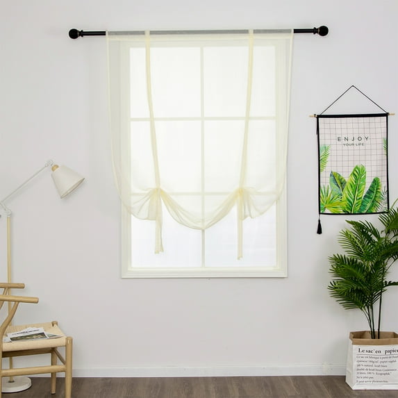 Yipa Semi-Blackout Short Curtain,Tie Up Window Curtains,Voile Kitchen Valance,Slot Top Cafe Cafe,Rod Pocket Curtain Panel Beige 55" Width x55" Length 2-Panel