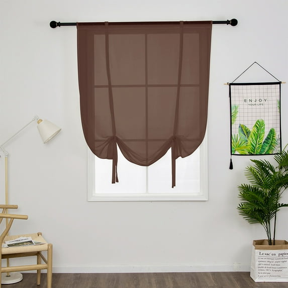 Yipa Tie Up Window Curtains, Sheer Window Drapes,Short Curtain Scarf,Cafe Kitchen Curtain Valance,Rod Pocket Curtain Panel Brown 23.6" Width x55" Length 1-Panel