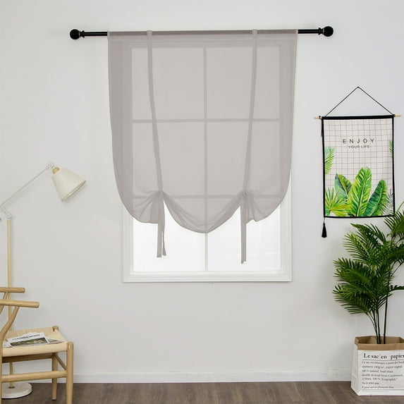 Yipa Tie Up Window Curtains, Sheer Window Drapes,Short Curtain Scarf,Cafe Kitchen Curtain Valance,Rod Pocket Curtain Panel Gray 31.5" Width x55" Length 2-Panel