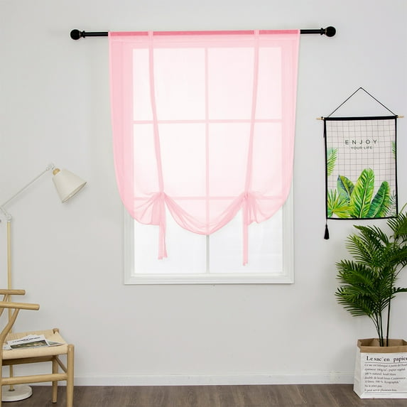 Yipa Tie Up Window Curtains, Sheer Window Drapes,Short Curtain Scarf,Cafe Kitchen Curtain Valance,Rod Pocket Curtain Panel Pink 23.6" Width x47.2" Length 1-Panel