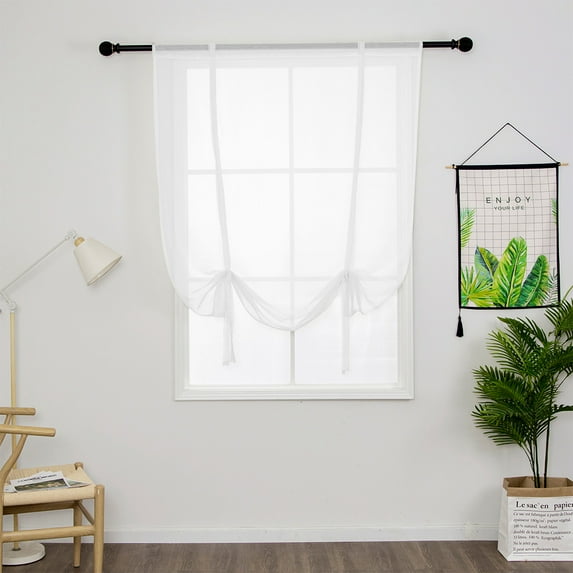 Yipa Tie Up Window Curtains, Sheer Window Drapes,Short Curtain Scarf,Cafe Kitchen Curtain Valance,Rod Pocket Curtain Panel White 55" Width x55" Length 2-Panel