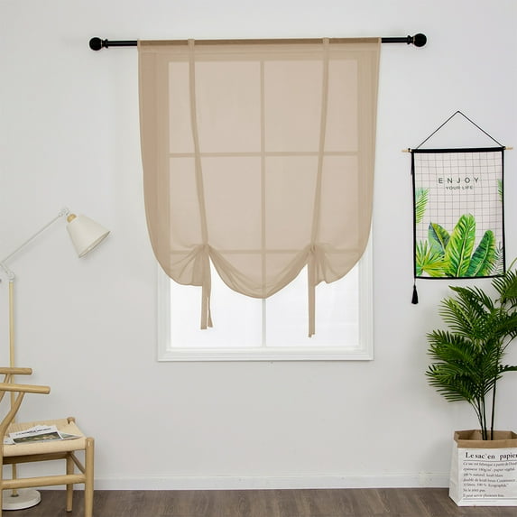 Yipa Voile Cafe Scarf,Sheer Kitchen Valance,Tie Up Roman Shades Window Curtains,Adjustable Window Treatment,Rod Pocket Window Drapes,Slot Top Curtain Panel Khaki 23.6" Width x55" Length 1-Panel
