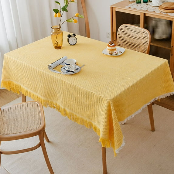 Yipa Yellow Table Cloth Tassel Cotton Linen Table Cover for Kitchen Dinning Wrinkle Free Tablecloths Rectangle/Oblong (70" x 90")