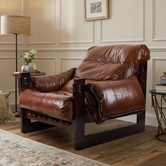 Yipinau Faux Leather Accent Armchair, Mid-Century Modern Single Sofa Chair with Thickened Cushion, 150kg Capacity Lounge Chair for Living Room, Bedroom, Study, Brown