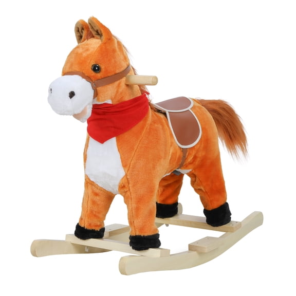 Yipinau Plush Rocking Horse,Wooden Rocker with Moving Mouth and Wagging Tail, Interactive Rocking Toy with Music