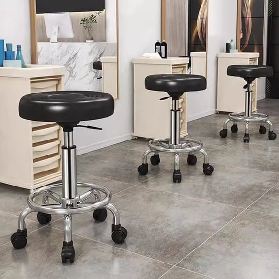 Yipinau Rolling Beauty Stool, Height Adjustable Salon Chair with Faux Leather Cushion, Metal Frame Swivel Bar Stool for Office Shop Vanity, Black