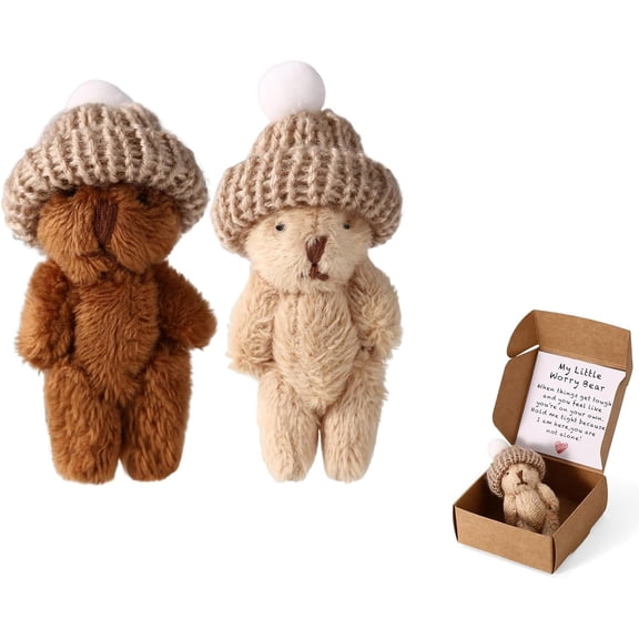 Yippzo 2 Sets Little Worry Bear in Box Tin with Hat, Handmade Positive Mini Pocket Bear with Encouragement Card Inspirational Toy for Friends Family Coworkers Gift