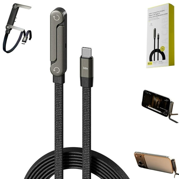 Yippzo 2-in-1 Invisible Holder Charger Cable – 240W Fast Charging Cord with Built-in Phone Stand, 5ft Type-C Charger Cable for iPhone 15-17/Smartphones/Tablets