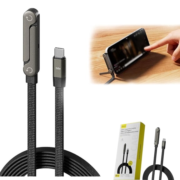 Yippzo 240W Braided Fast Charge Cable with Built-in Phone Stand, T-Shaped Foldaway Invisible Holder Charging Cable, Multi Charger Cord with Type C/USB A/L Port