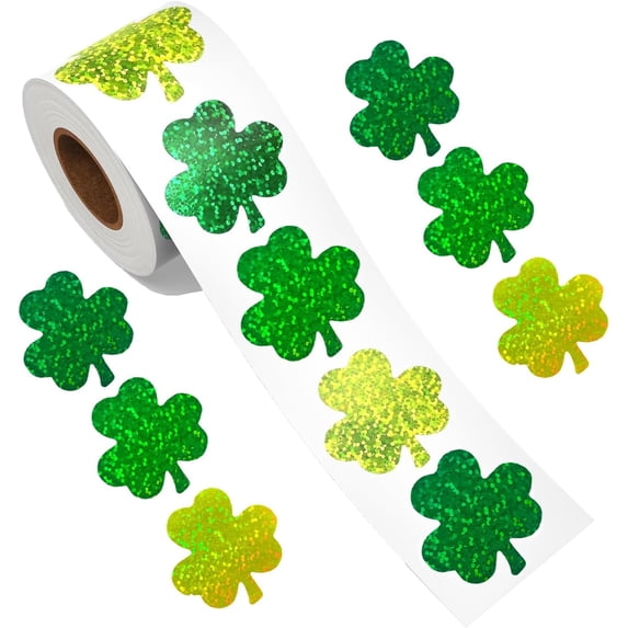 Yippzo 500Pcs St. Patrick's Day Stickers Roll, Shamrock Stickers for St Patricks Day Decorations, Self-Adhesive Laser Seal Labels Decor for Envelope Cards Gift Bags