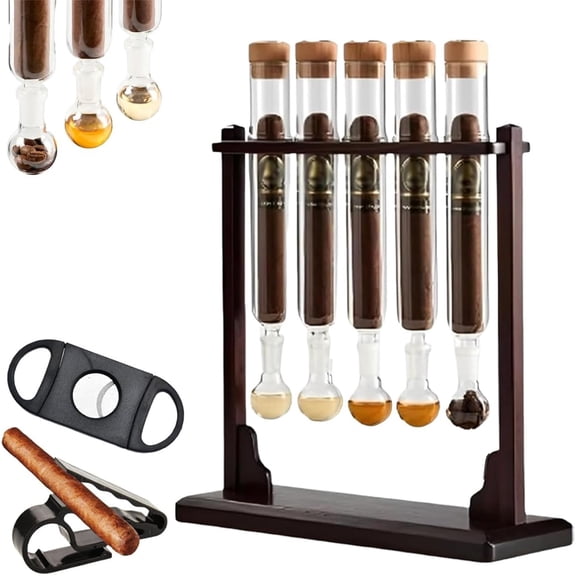 Yippzo Cigar Flavor Injector Humidifier, Cigar Infuser Glass Tube Kit with Handmade Wooden Base, Built-In Hygrometer, Airtight Caps for DIY Flavor Infusion
