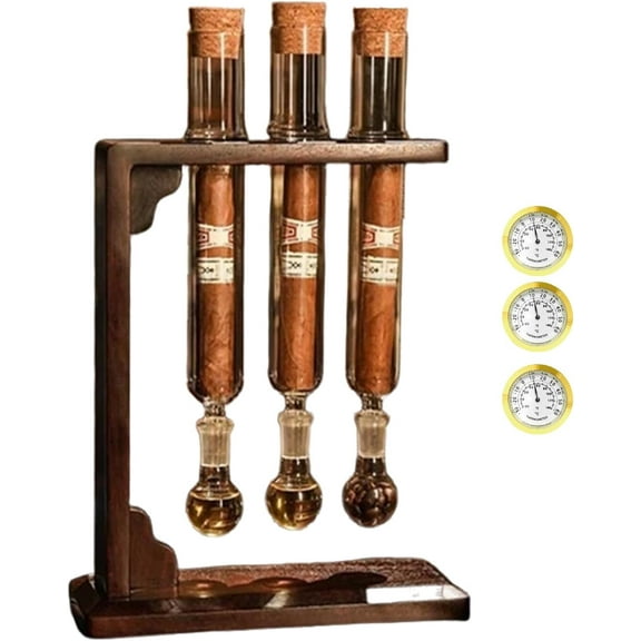 Yippzo Cigar Flavor Injector Humidifier, Multiple Cigar Infuser Glass Tube Kit with Wooden Stand with Hygrometer & Airtight Caps, for Men Cigar Lovers and Enthusiasts