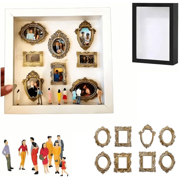 Yippzo DIY Mini Museum Silhouette Box - Retro Mini Photo Frame, Personalized Photo Shadow Box Display with Mini Figurines & Mini Gold Frames, Celebrate Your Memories