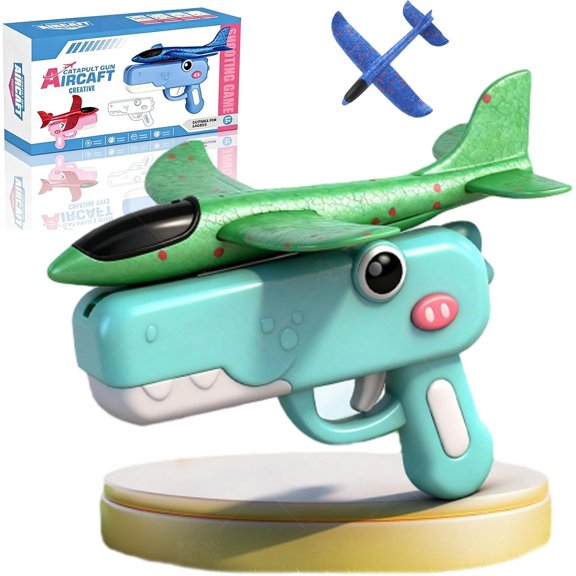 Yippzo Dinosaur Foam Glider Launcher Toy, Cartoon Airplane Shooting, Foam Glider Airplane Launcher Dual Flight Modes, Indoor/Outdoor Flying