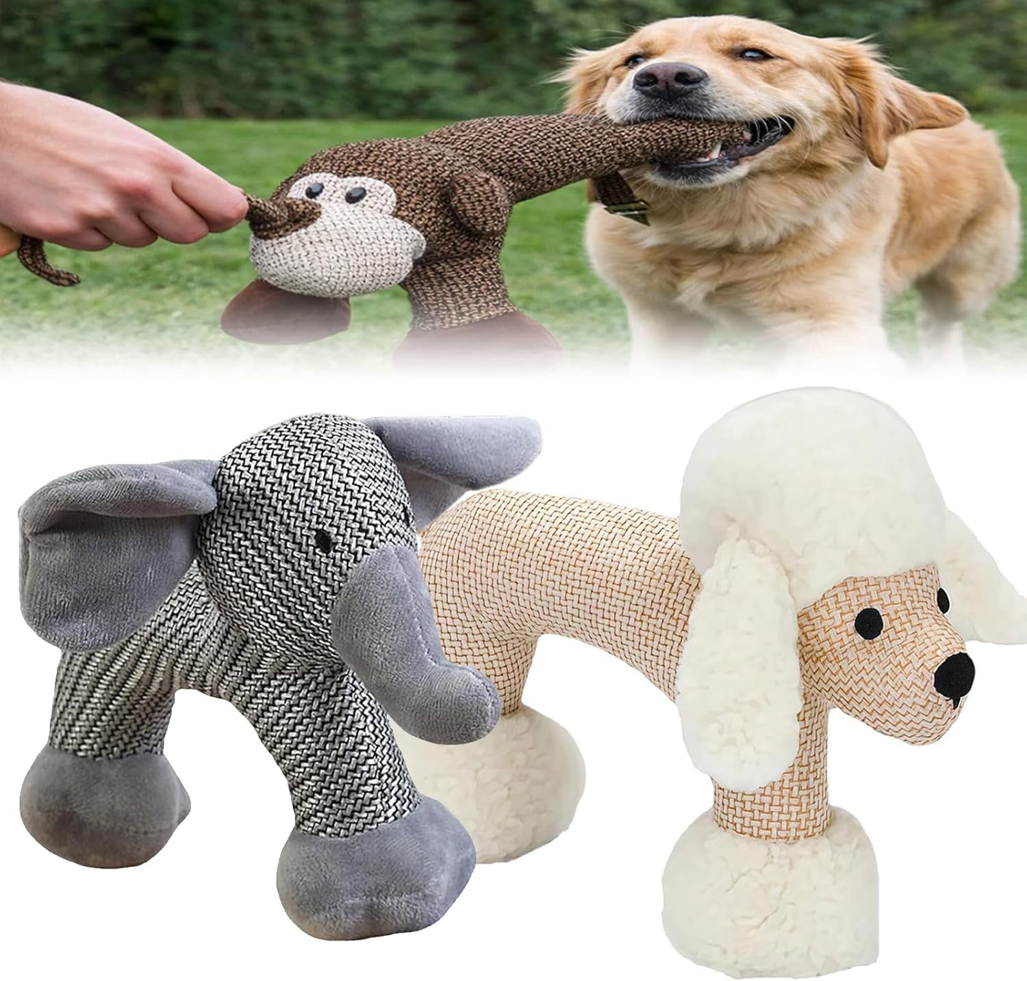 Yippzo Dog Toy, Linen Safari Companions, Interactive Squeaky Chew Toy, Indestructible with Squeaker, for Small, Medium & Large Dogs