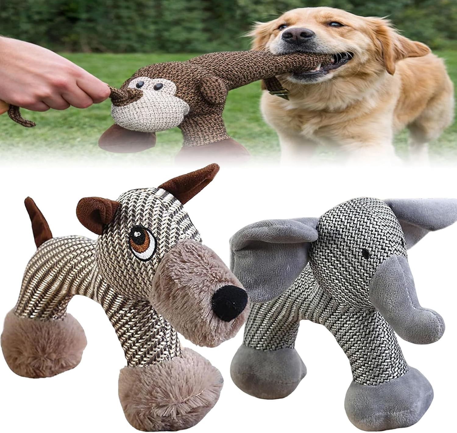 Yippzo Dog Toy, Linen Safari Companions, Interactive Squeaky Chew Toy, Indestructible with Squeaker, for Small, Medium & Large Dogs