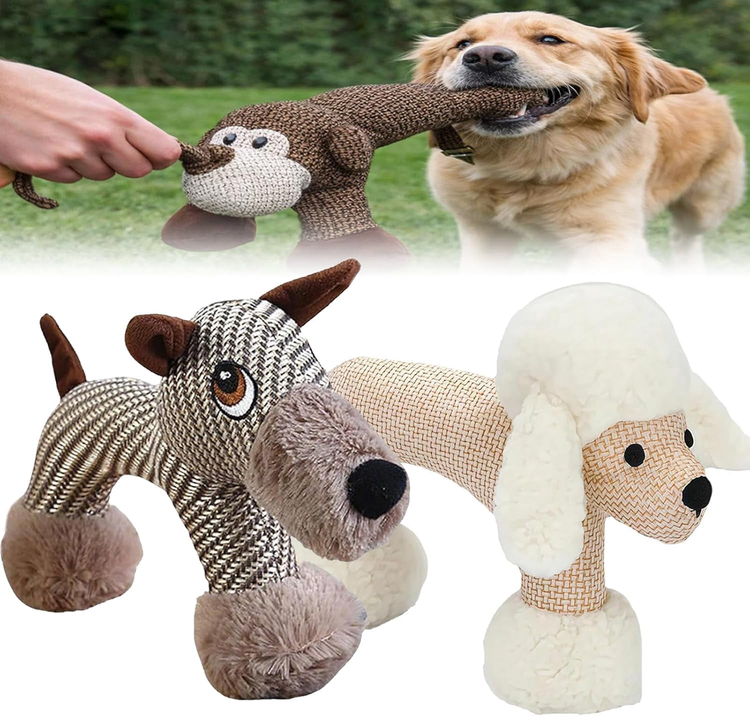 Yippzo Dog Toy, Linen Safari Companions, Interactive Squeaky Chew Toy, Indestructible with Squeaker, for Small, Medium & Large Dogs