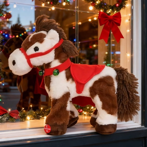 Yippzo Electric Plush Horse, Interactive Walking Pony with Joyful Neighing Sound, Adorable Plushie Red Saddle Jingle Bell, Wagging Head Tail Stuffed Birthday Gifts