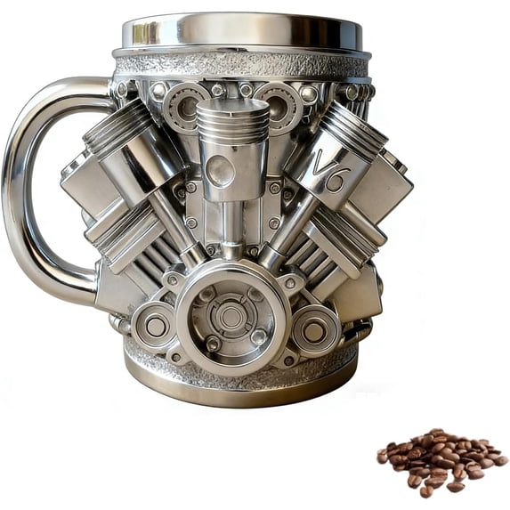 Yippzo Engine Themed Coffee Mug, V8 Engine Coffee Mug with Double Wall Stainless Steel Liner, Personalized 3D Mechanical Coffee Cup, Unique Gift for Car Lovers
