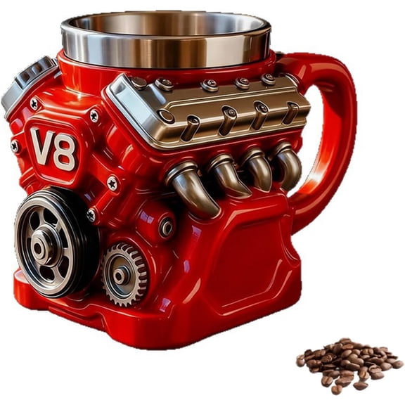 RUPKUL Engine Themed Coffee Mug, V8 Engine Coffee Mug with Double Wall Stainless Steel Liner, Personalized 3D Mechanical Coffee Cup, Unique Gift for Car Lovers