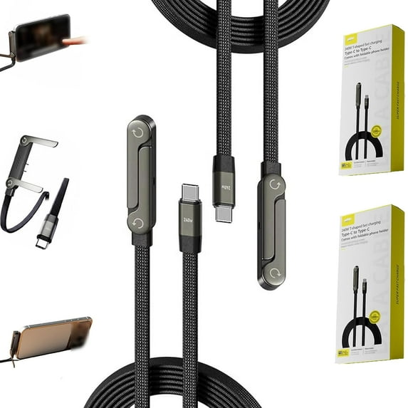 Yippzo Invisible Holder Charger Cable with Stand, 240w Fast Charging Cord with Built-in Phone Stand, 2-in-1 Charging Cable with Type C and Folding Phone Holder