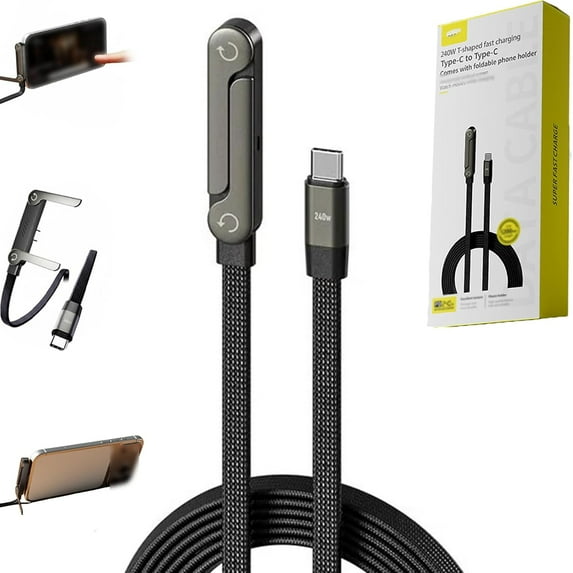 Yippzo Invisible Holder Charger Cable with Stand, 240w Fast Charging Cord with Built-in Phone Stand, 2-in-1 Charging Cable with Type C and Folding Phone Holder