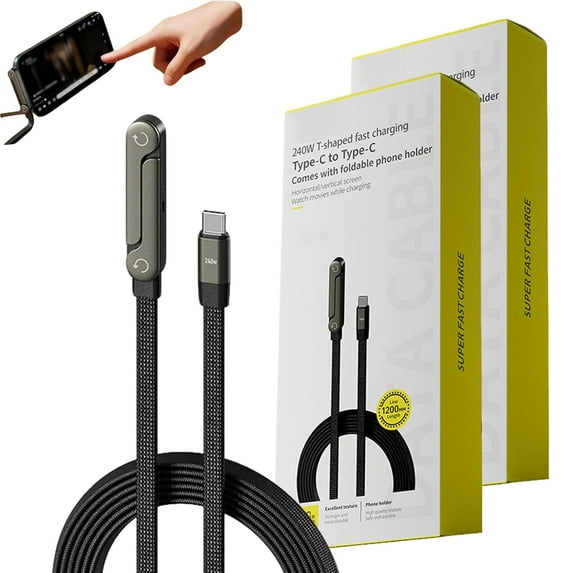 Yippzo Invisible Holder Charger Cable with Stand, 240W Braided Fast Charge Cable with Built-in Phone Stand, with Type C and Folding Phone Holder 5ft