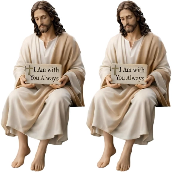 Yippzo Jesus Resin Desk Companion Figurine, Handmade Sitting Design Jesus Christ Statue, I Am with You Always Sign Jesus Statue Decor, Serene Religious Statue for Shelves, Desk