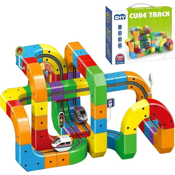 Yippzo Magnetic Track Car Toys, Flexible Car Track Magnetic Train Set, DIY Race Car Track Building Kits with Train and Traffic Signs, Birthday Party Gifts