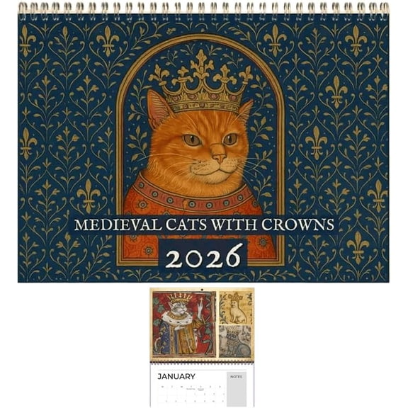 Yippzo Medieval Cats with Crowns Calendar 2026, Large Medieval Crowned Cat Wall Calendar 2026, 12 Month Planner, Sassy Gift for Loves Cats, Women Man