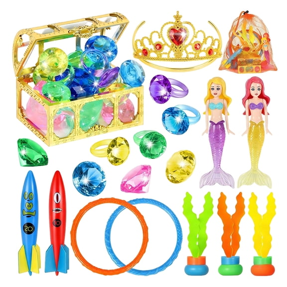 Yippzo Pool Diving Games - 20pc Swimming Mermaid Pool Stuff with Dive Rings Gems Beach Ball Underwater Treasures Seaweeds Fish, Bath Water Training Gifts